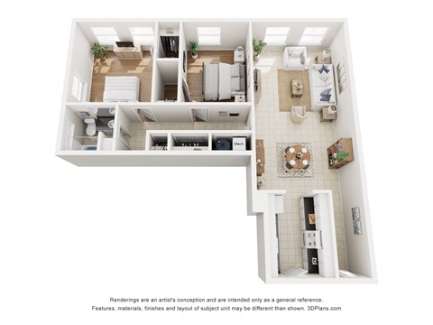 A 3D floor plan of a house with a kitchen, living room, and bathroom.